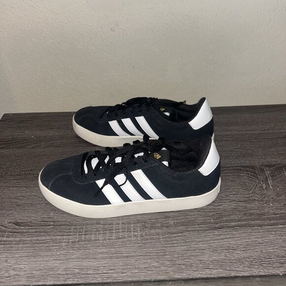 adidas VL Court 3.0 Black Suede 3 White Striped Low Top Sneakers Womens Size 8.5 - Picture 4 of 7